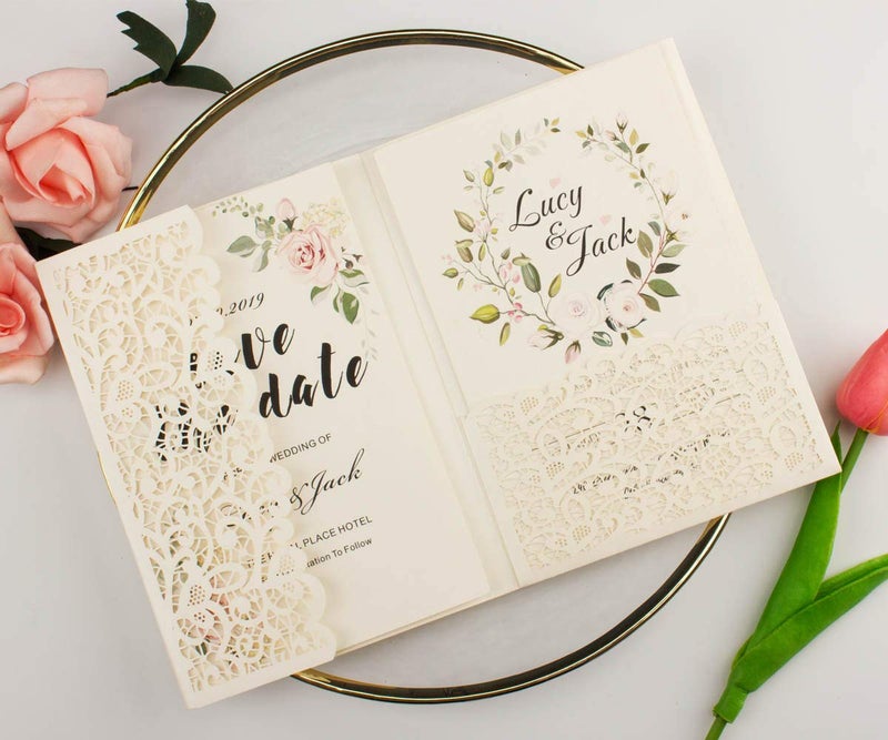 Lucky Star 25 sets Vinatge Pearl Ivory Tri Fold Wedding Invitations Cards With Envelopes Inserts for Bridal Shower Birthday 5X7 - Image 4